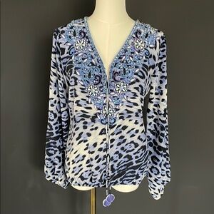 TAJ Embellished SILK leopard Blue and Black Women's Top